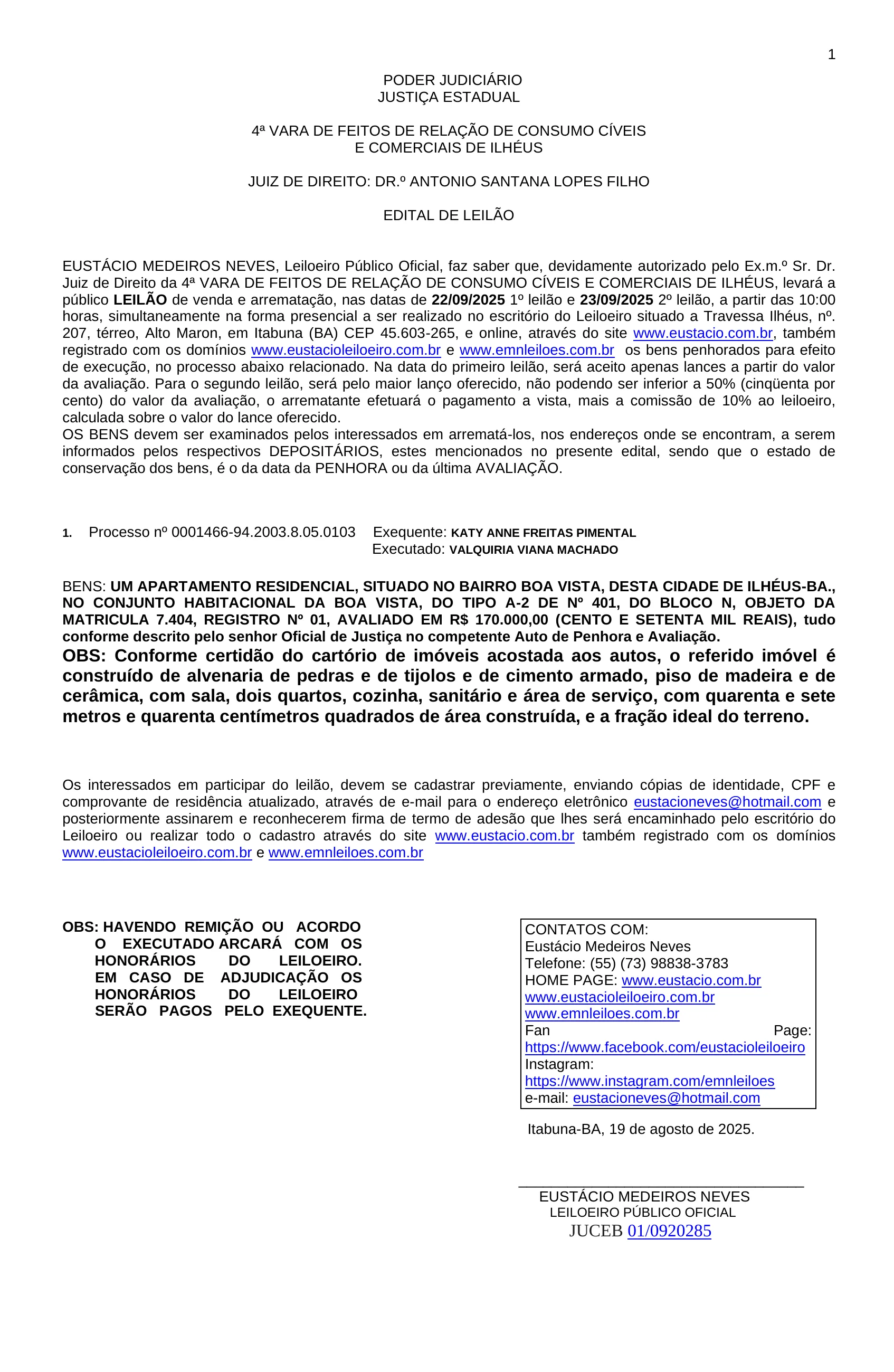 LEILÃO DE UM APARTAMENTO EM ILHÉUS (VENDIDO)